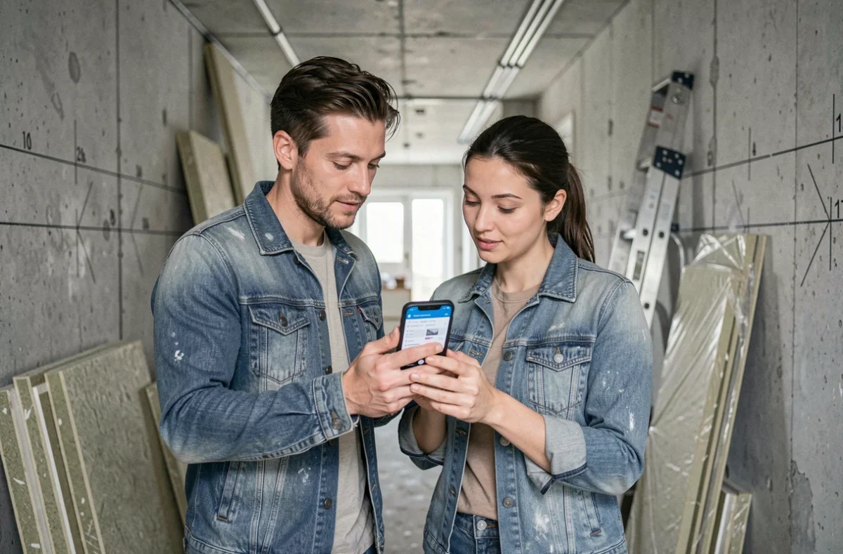 Couple consultant le tableau de bord de suivi de rénovation sur smartphone dans un couloir en travaux