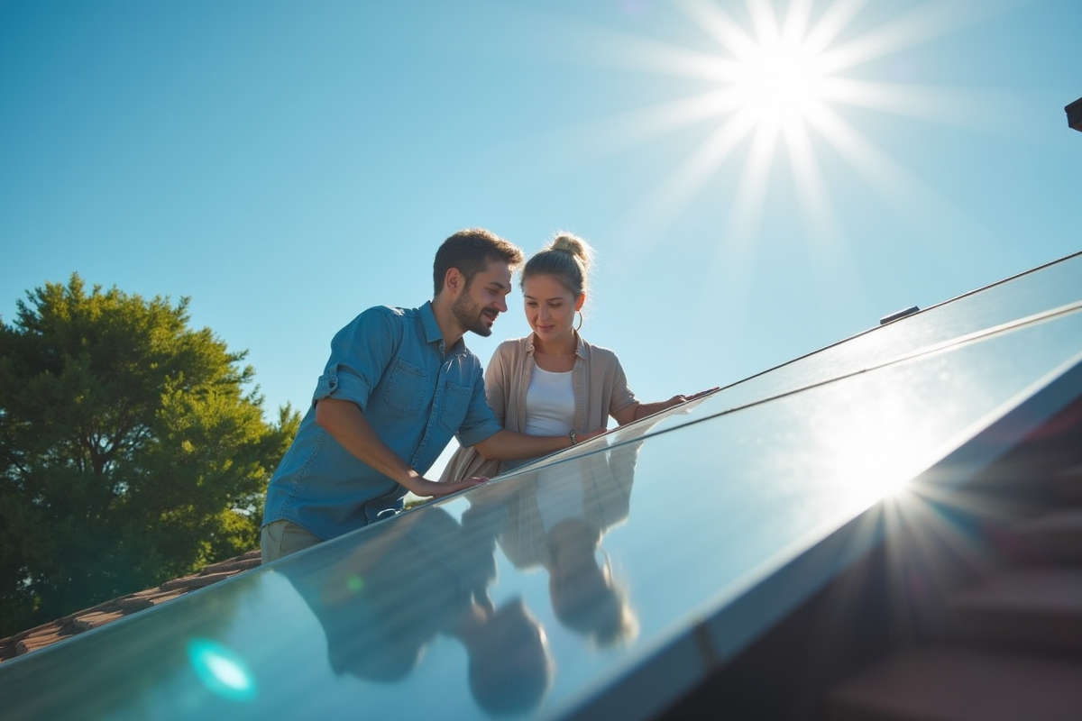 Couple moderne inspectant un chauffe-eau solaire sur leur toit