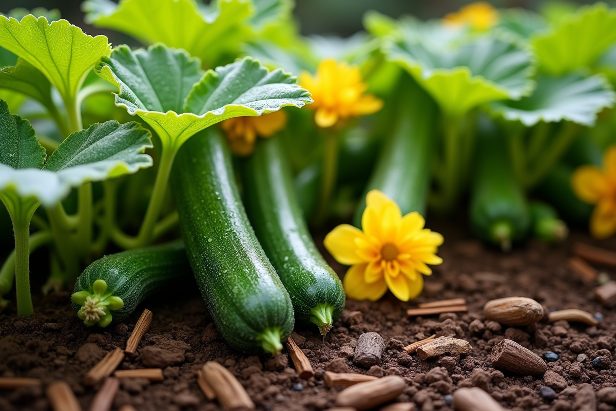 Courgettes avec fleurs jaunes et gouttes d