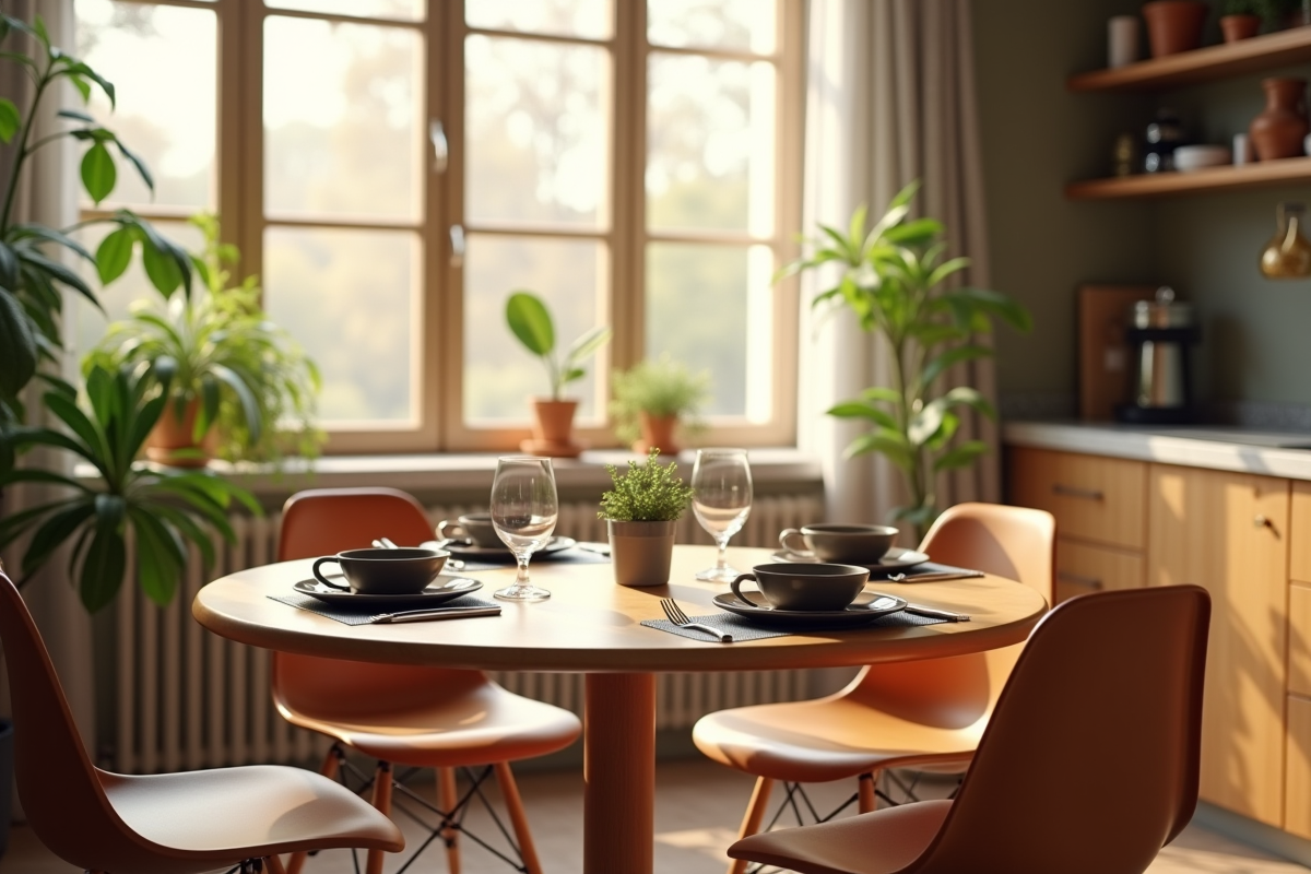 Cuisine chaleureuse avec table ronde et lumière naturelle