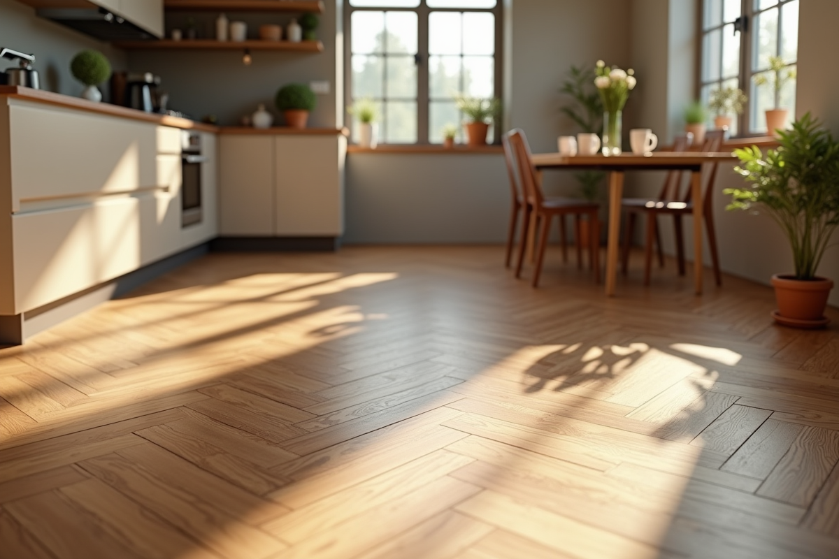 Cuisine chaleureuse avec sol en bois durable et ambiance lumineuse