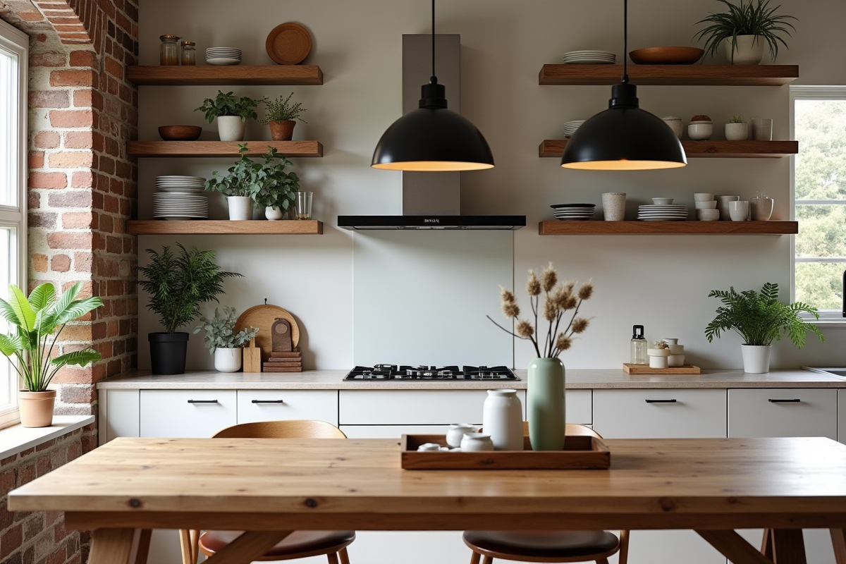 Cuisine farmhouse avec table en bois et éclairage moderne