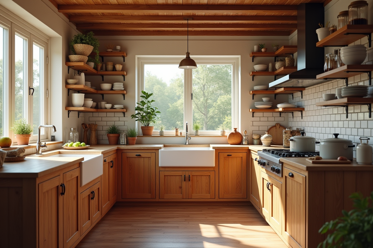 Cuisine chaleureuse rustique avec meubles en bois et plantes