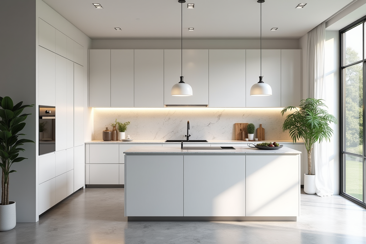 Cuisine contemporaine blanche avec îlot central et lumière naturelle
