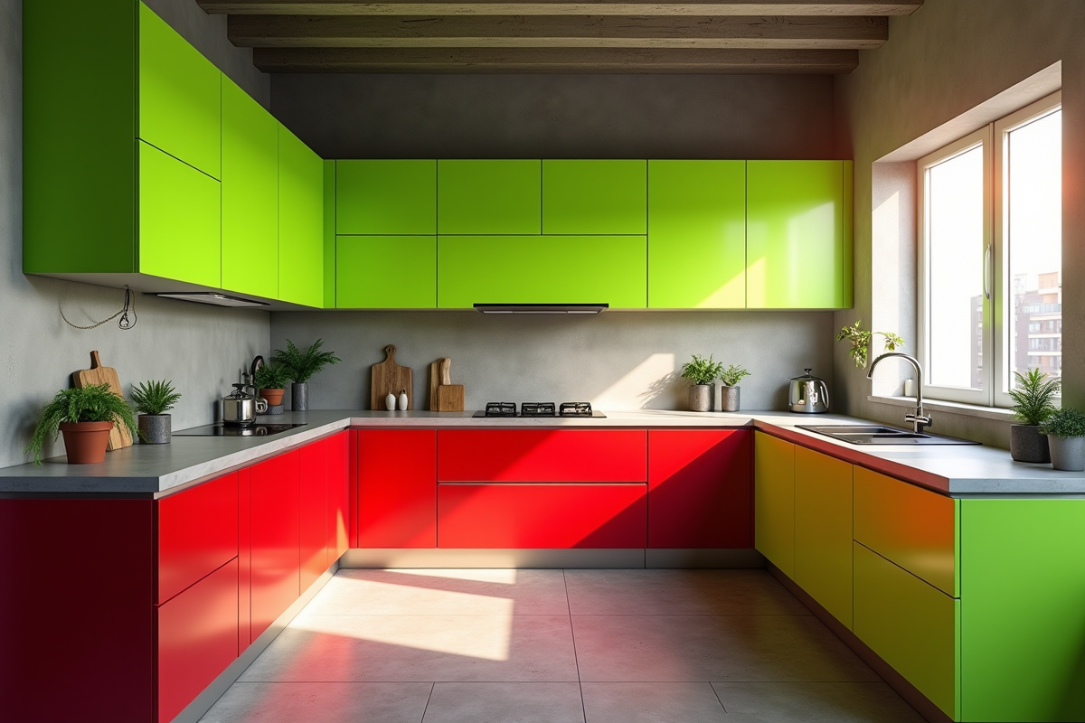 Cuisine moderne aux couleurs vives et clashs pour l article