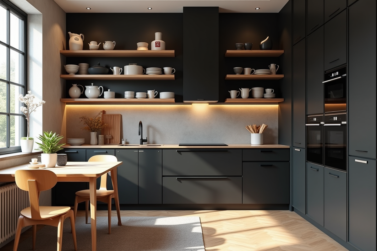 Cuisine moderne noire avec étagères en bois et coin petit déjeuner