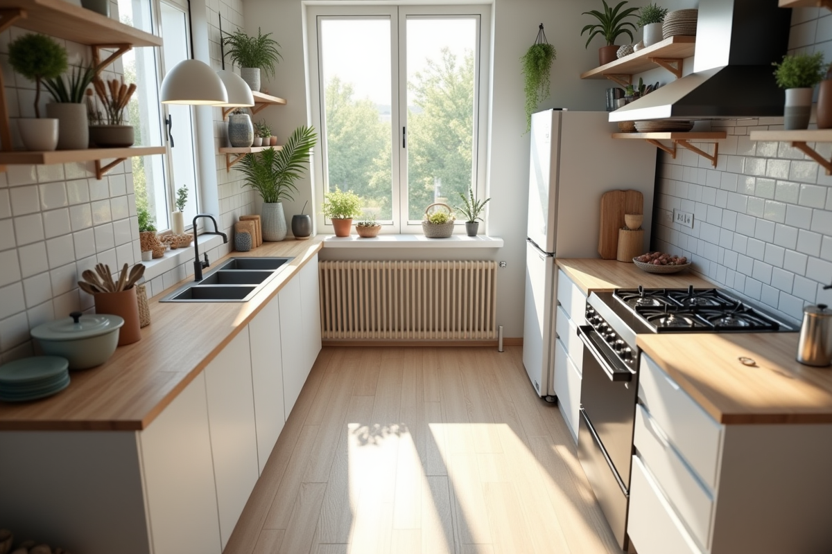 Cuisine scandinave moderne vue du dessus avec triangle de travail