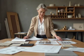 Décoratrice d'intérieur professionnelle comparant des échantillons de matériaux et des devis dans un studio de design moderne