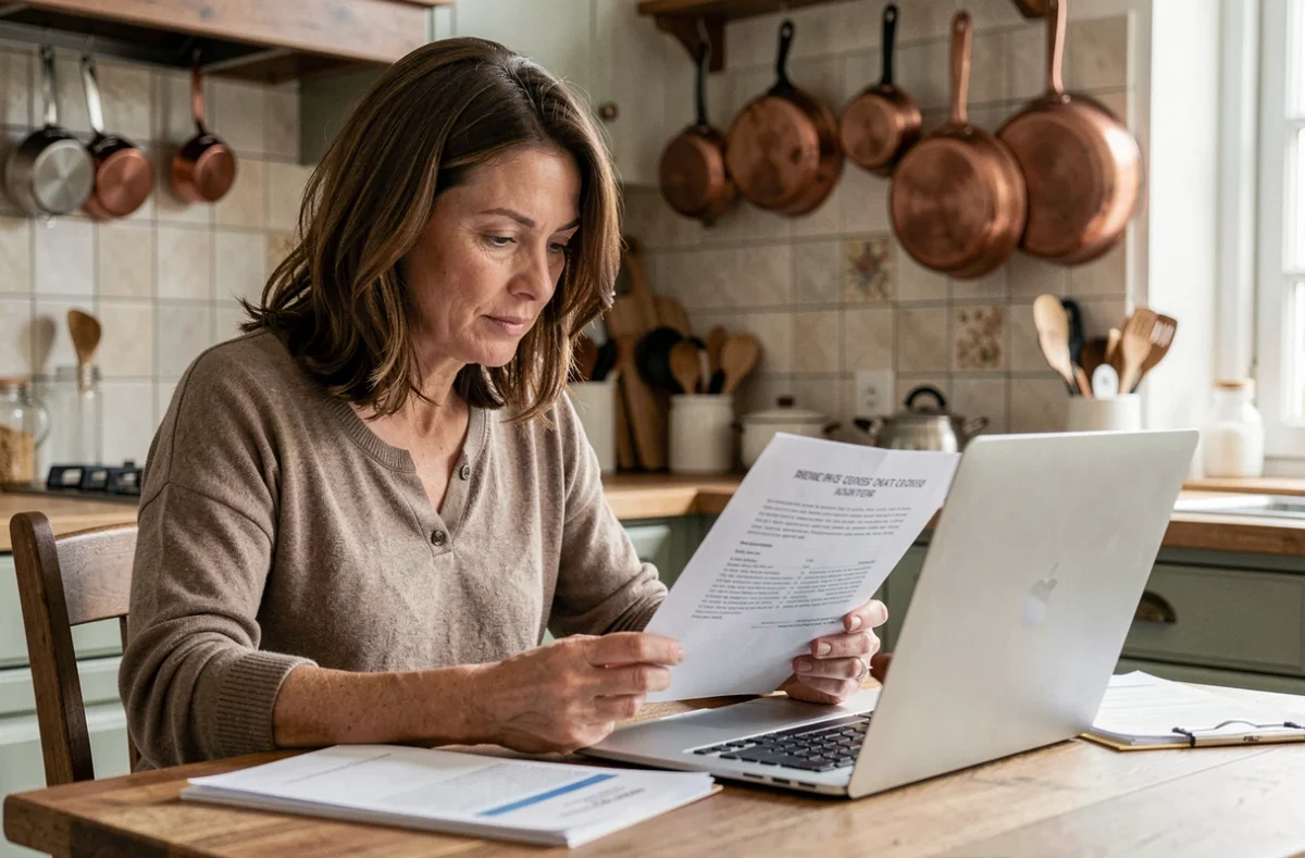 Femme consultant des documents de demande de prime pour une PAC air-air à domicile