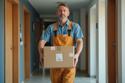 Homme déménageur portant une boîte en carton dans un couloir