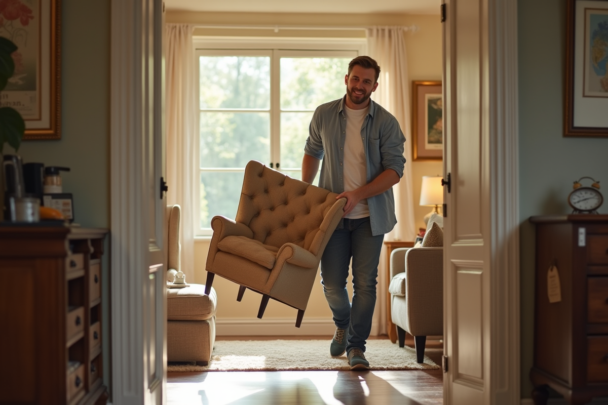 Employé de déménagement portant un fauteuil vintage dans un salon lumineux