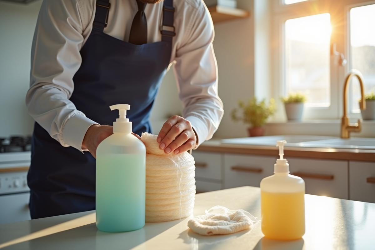 Déménageur emballant des produits de toilette dans la cuisine