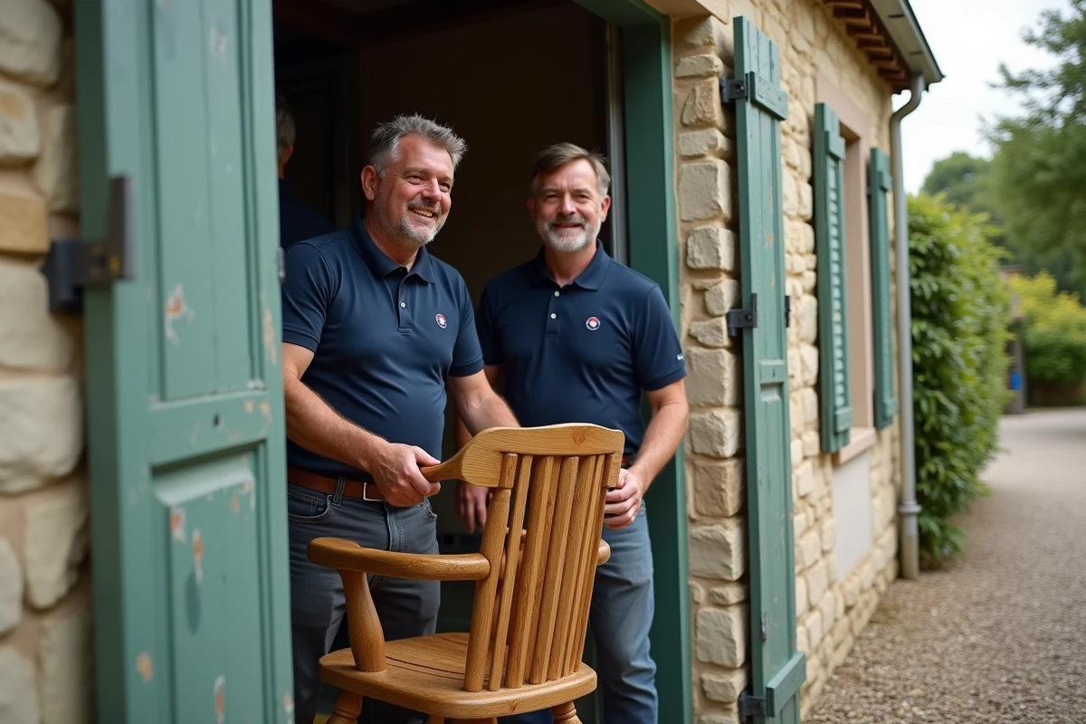 Deux déménageurs professionnels portant un fauteuil hors d'une maison lors d'une opération de débarras réalisée par une entreprise classique