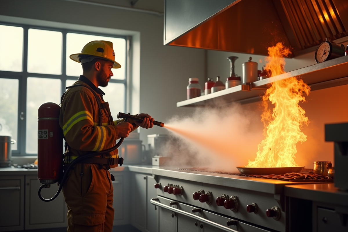Pompiers utilisant un extincteur dans une cuisine industrielle