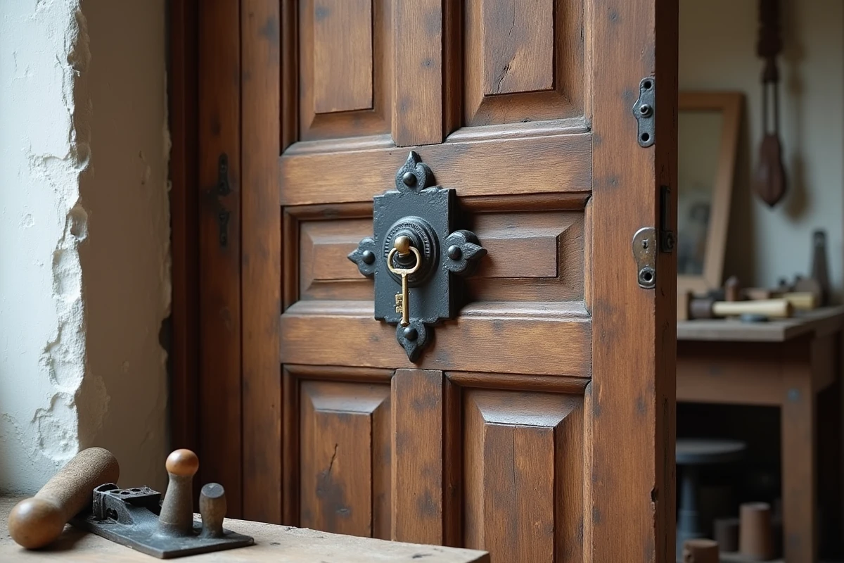 Détail d'une ancienne porte en bois restaurée avec ferrure forgée à la main et panneaux moulurés sur mesure