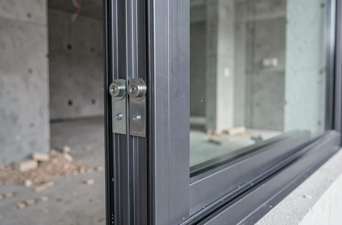 Détail du rail et du cadre en aluminium d'une baie vitrée coulissante 4 mètres sur chantier résidentiel