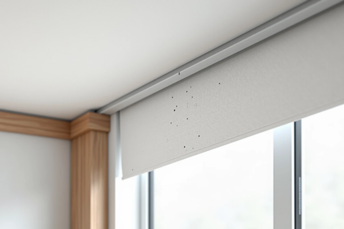Détail du rail aluminium et de la toile acoustique tendue fixée au mur, texture du tissu en gros plan
