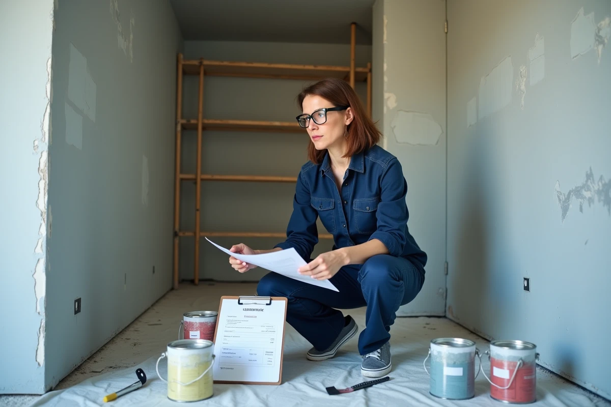 Artisane examinant un devis de peinture pour un plafond de 50m2 en cours de rénovation