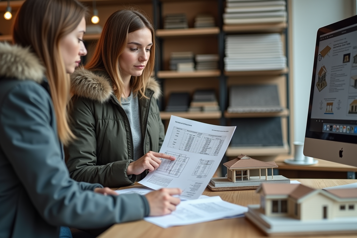 Jeune femme discutant options de toit avec professionnel