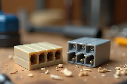 Comparaison d'une domino électrique et d'un connecteur rapide posés sur un établi en bois dans un atelier de bricolage