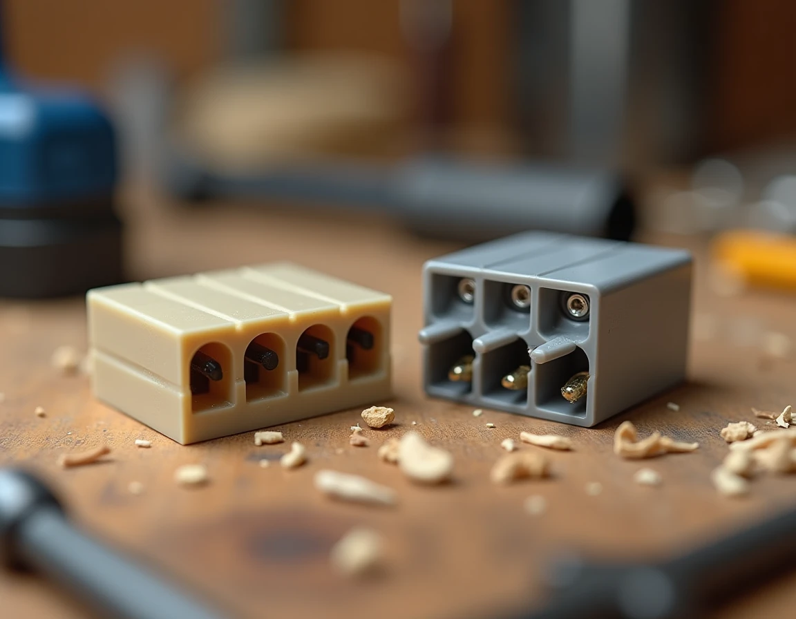 Comparaison d'une domino électrique et d'un connecteur rapide posés sur un établi en bois dans un atelier de bricolage