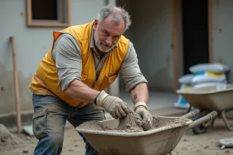 Ouvrier dosant du sable et du ciment dans une bétonnière sur un chantier de construction de chape