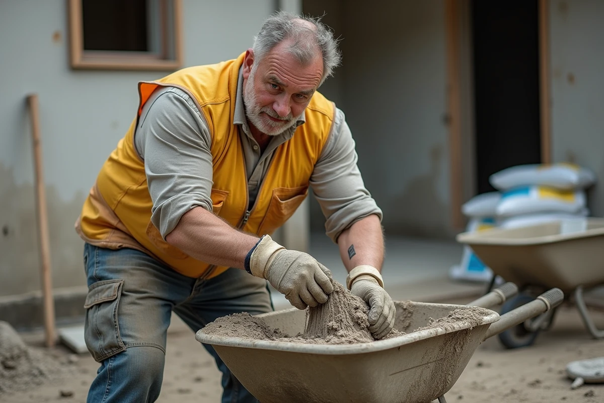 Ouvrier dosant du sable et du ciment dans une bétonnière sur un chantier de construction de chape