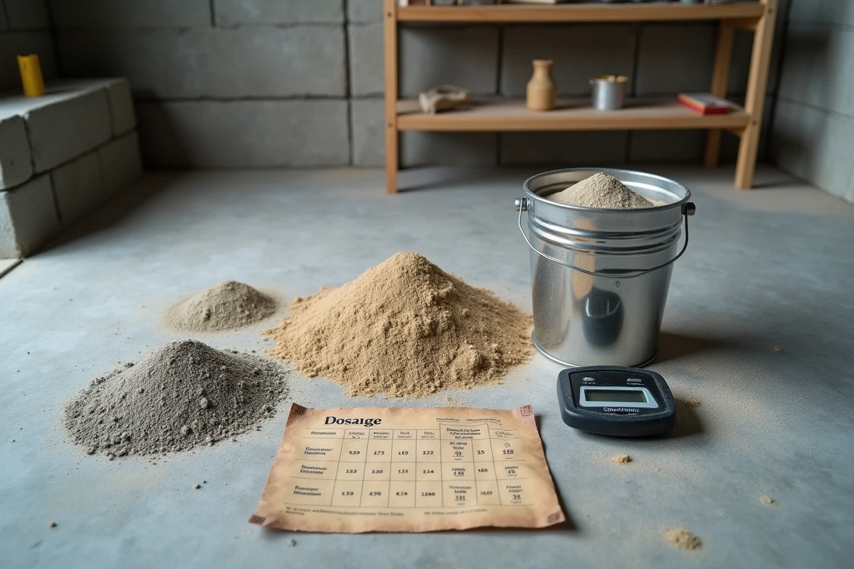 Ingrédients dosés pour préparer du béton : ciment, sable, gravier et fiche de proportions