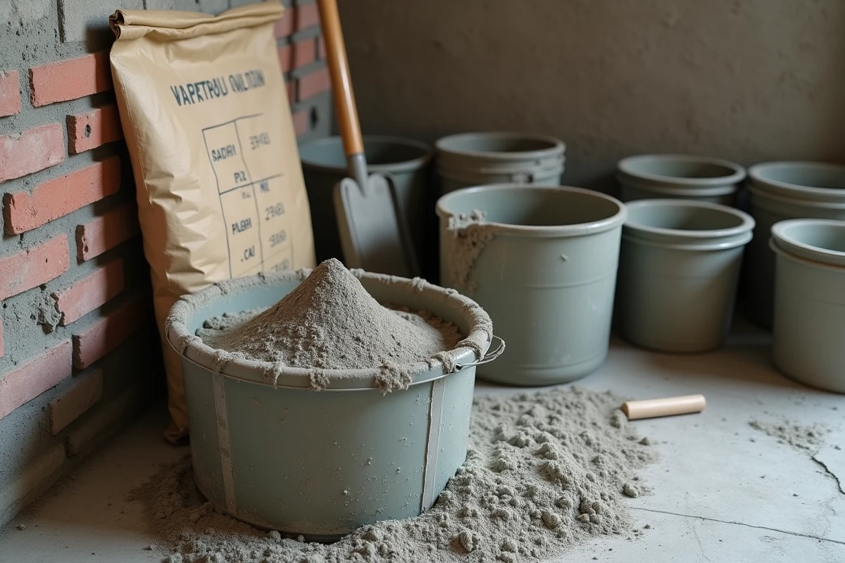 Seaux et pelles dosant le sable et le ciment pour réaliser une chape de 5 cm en intérieur
