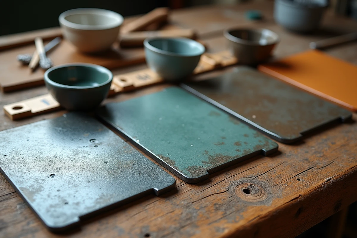 Trois échantillons de zinc avec différentes teintes de patine comparées côte à côte sur établi en bois