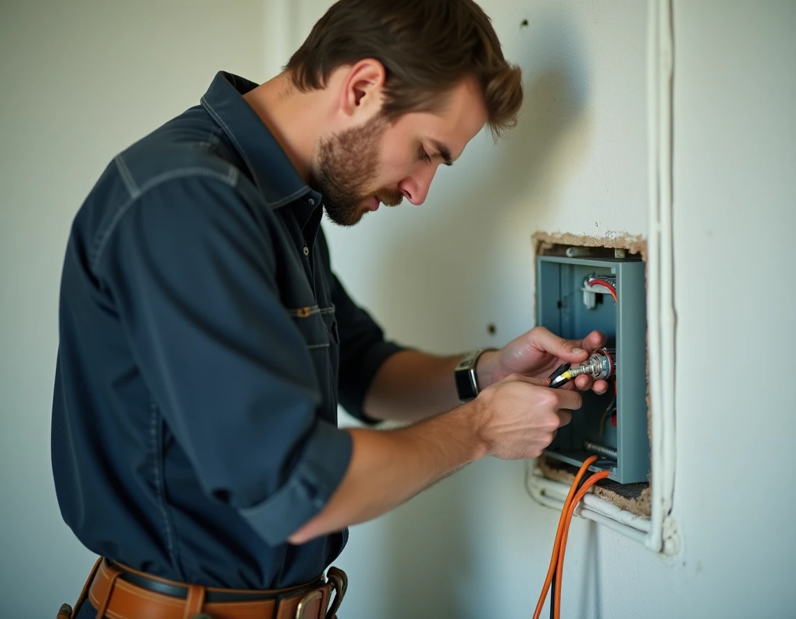 Électricien insérant un fil électrique dans un connecteur rapide lors d'une installation résidentielle