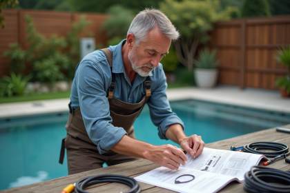 Homme comparant fils électriques près d'une piscine