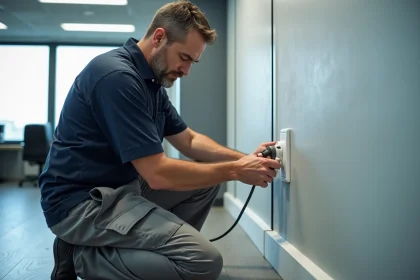 &Eacute;lectricien homme en action installant une prise dans un bureau