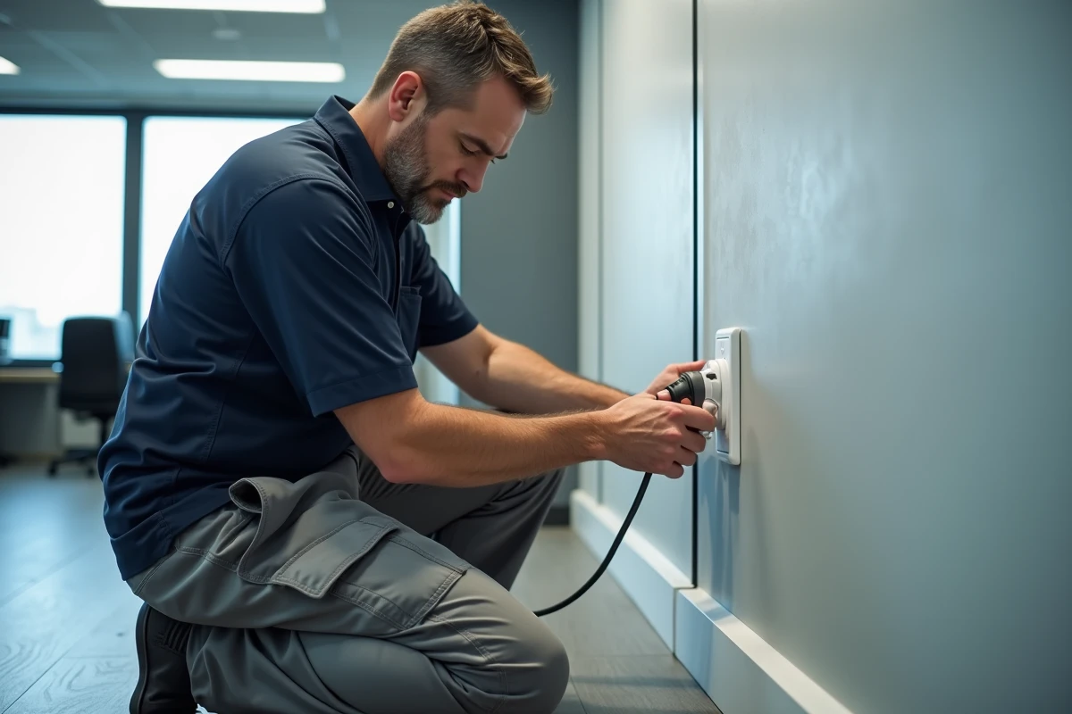 Électricien homme en action installant une prise dans un bureau