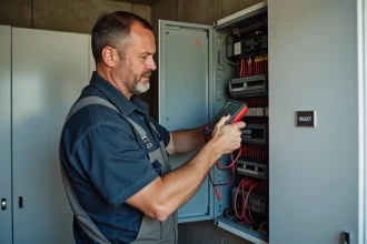 Homme d'âge moyen vérifiant un panneau électrique avec multimètre
