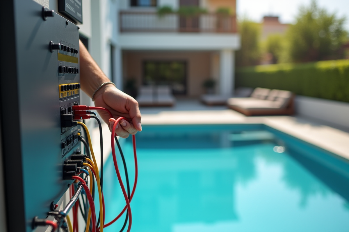 Main d'électricien connectant fils électriques à un panneau près d'une piscine