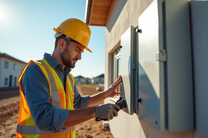 Électricien connectant une maison au réseau électrique extérieur