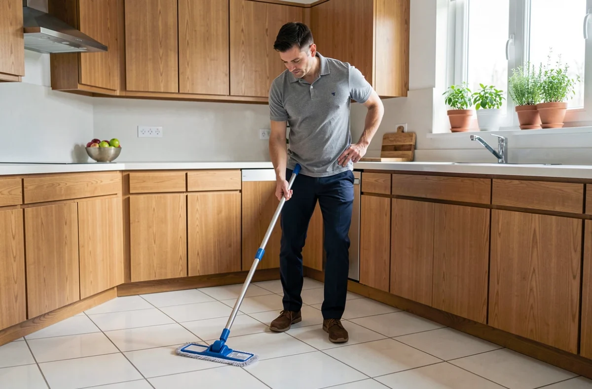 Employé de ménage à domicile nettoyant le sol d'une cuisine moderne avec une serpillière professionnelle
