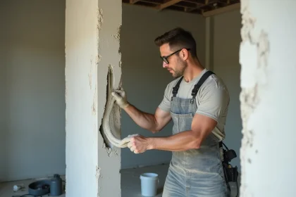 Artisan appliquant un enduit de rebouchage dans une saignée électrique creusée dans un mur en béton lors de travaux de rénovation