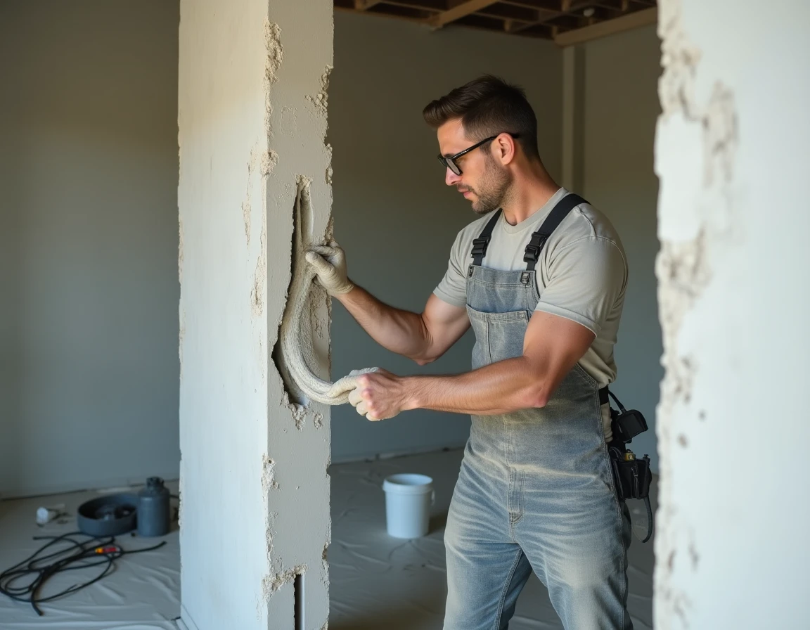 Artisan appliquant un enduit de rebouchage dans une saignée électrique creusée dans un mur en béton lors de travaux de rénovation