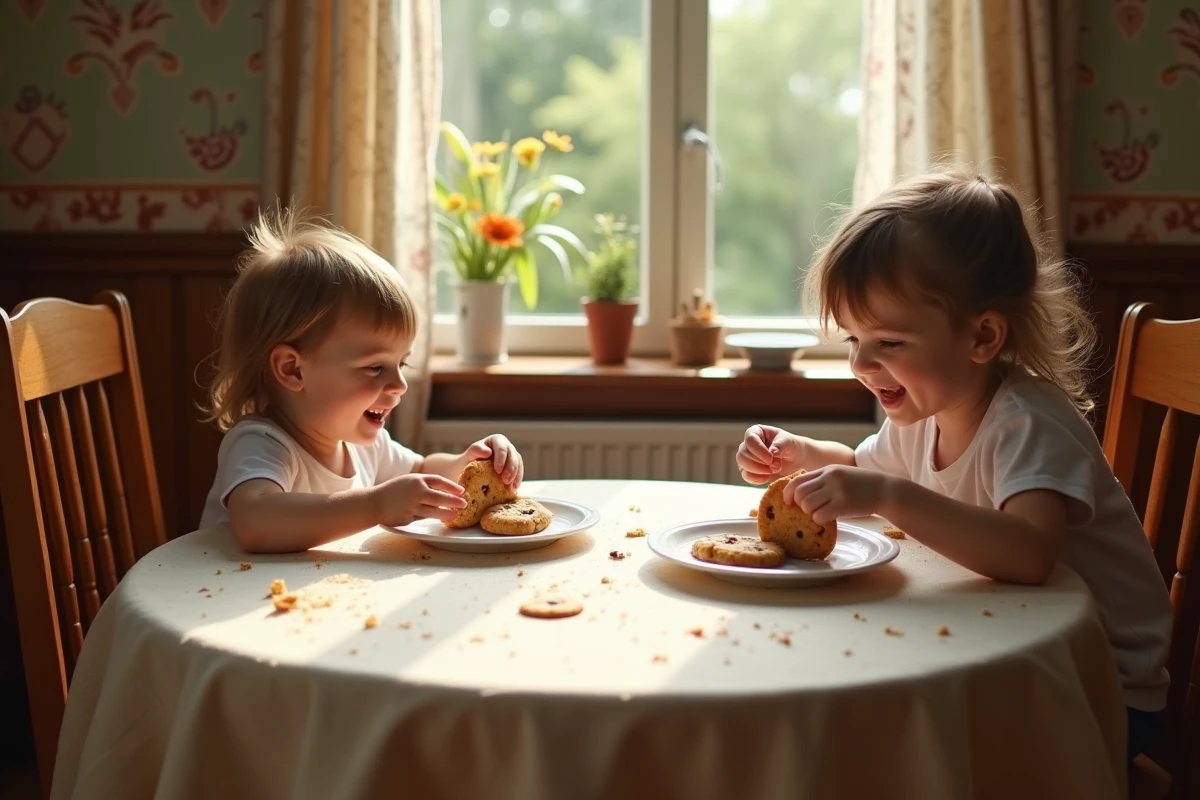 Enfants partageant un go&ucirc;ter sur une table en bois