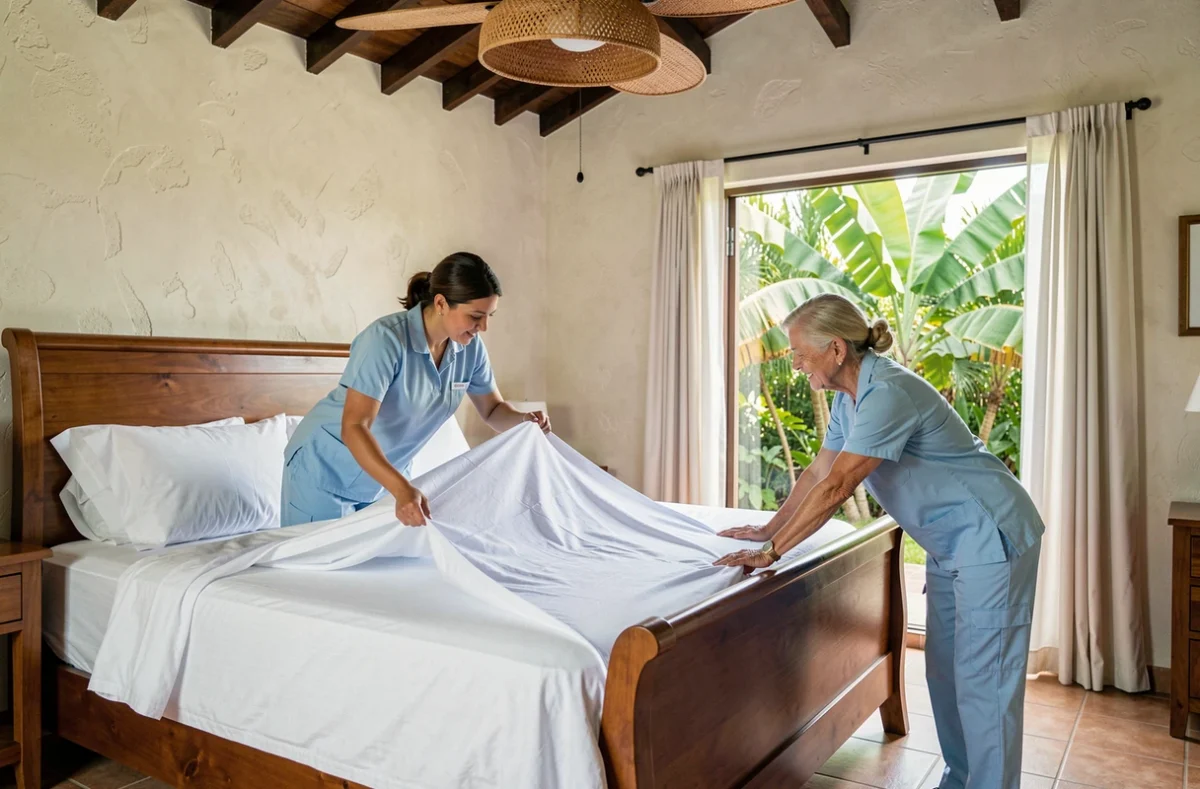 Deux employées de ménage changeant les draps dans une chambre de villa en Guadeloupe
