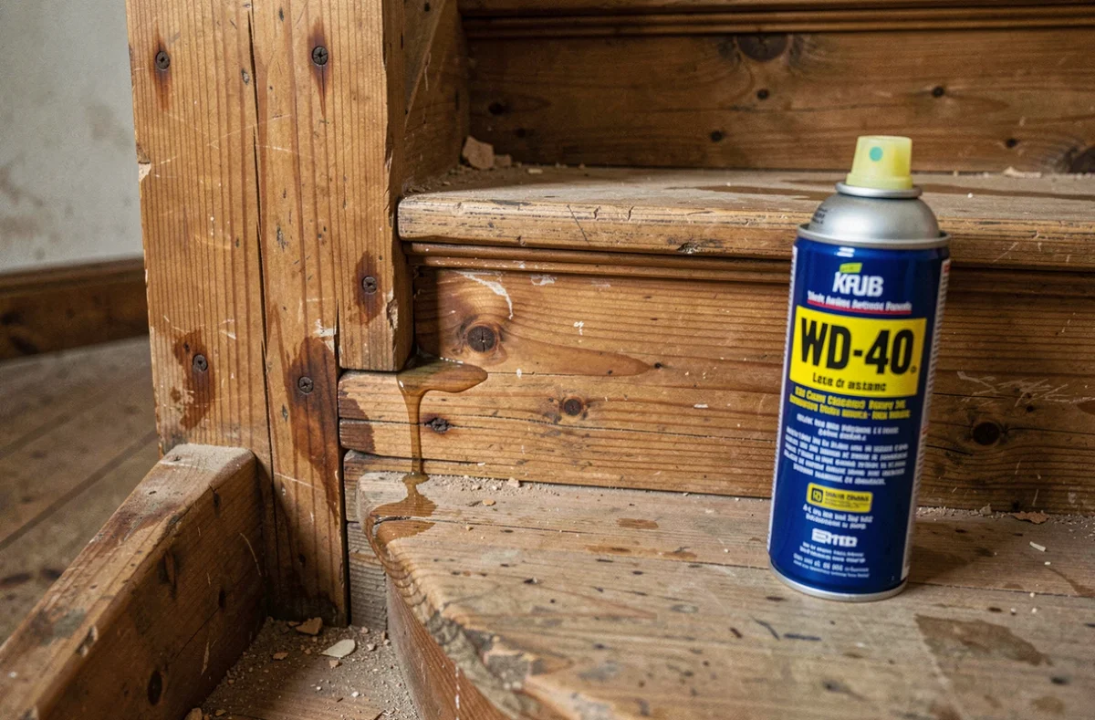 Gros plan sur l'application de WD-40 dans le joint d'une marche d'escalier en bois grinçant