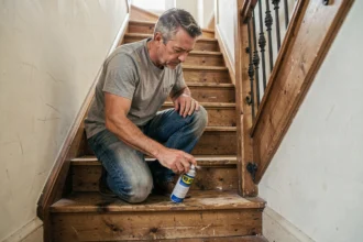 Homme appliquant du WD-40 sur les grincements d'un escalier en bois à l'intérieur d'une maison