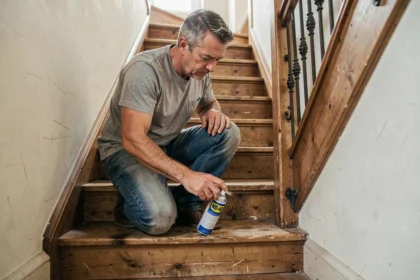 Homme appliquant du WD-40 sur les grincements d'un escalier en bois à l'intérieur d'une maison