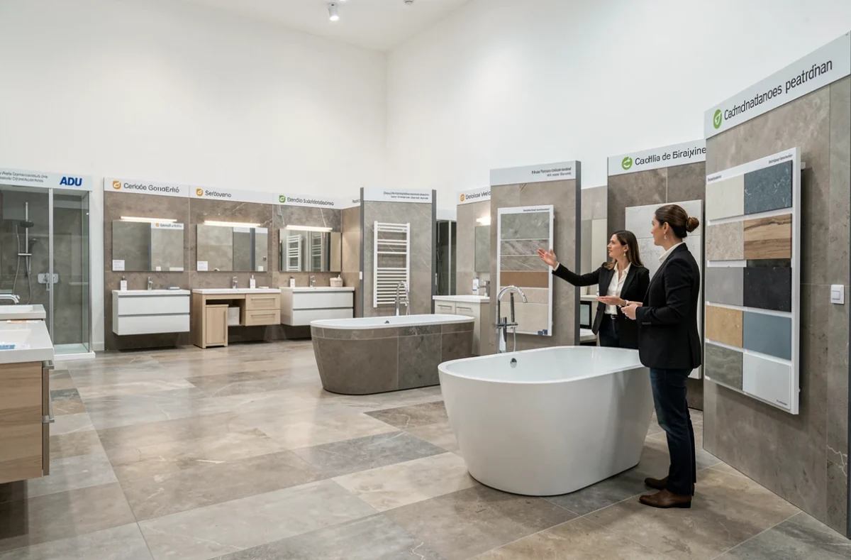 Showroom de salle de bain à Perpignan avec conseillère présentant des modèles de baignoires et de carrelages à des clients