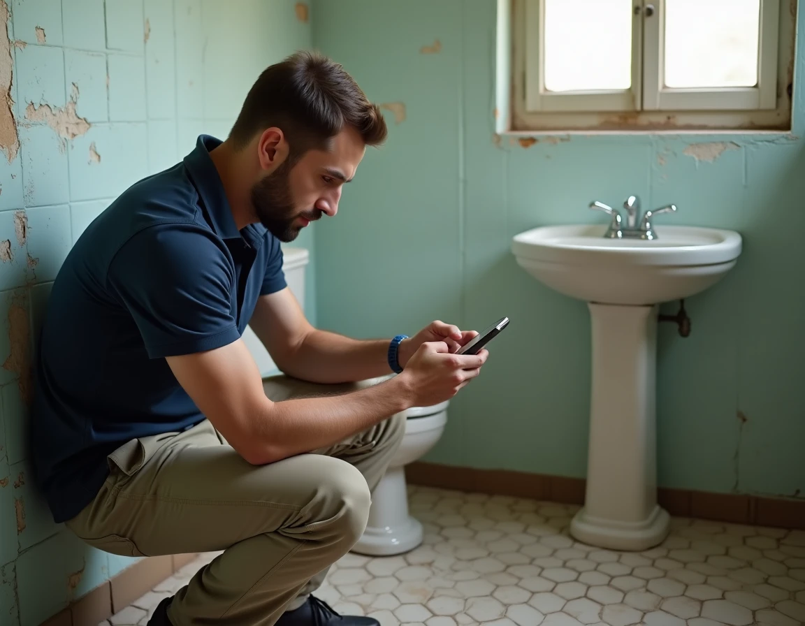 Homme évaluant l'état d'une salle de bain à rénover et cherchant une estimation de travaux sur son smartphone