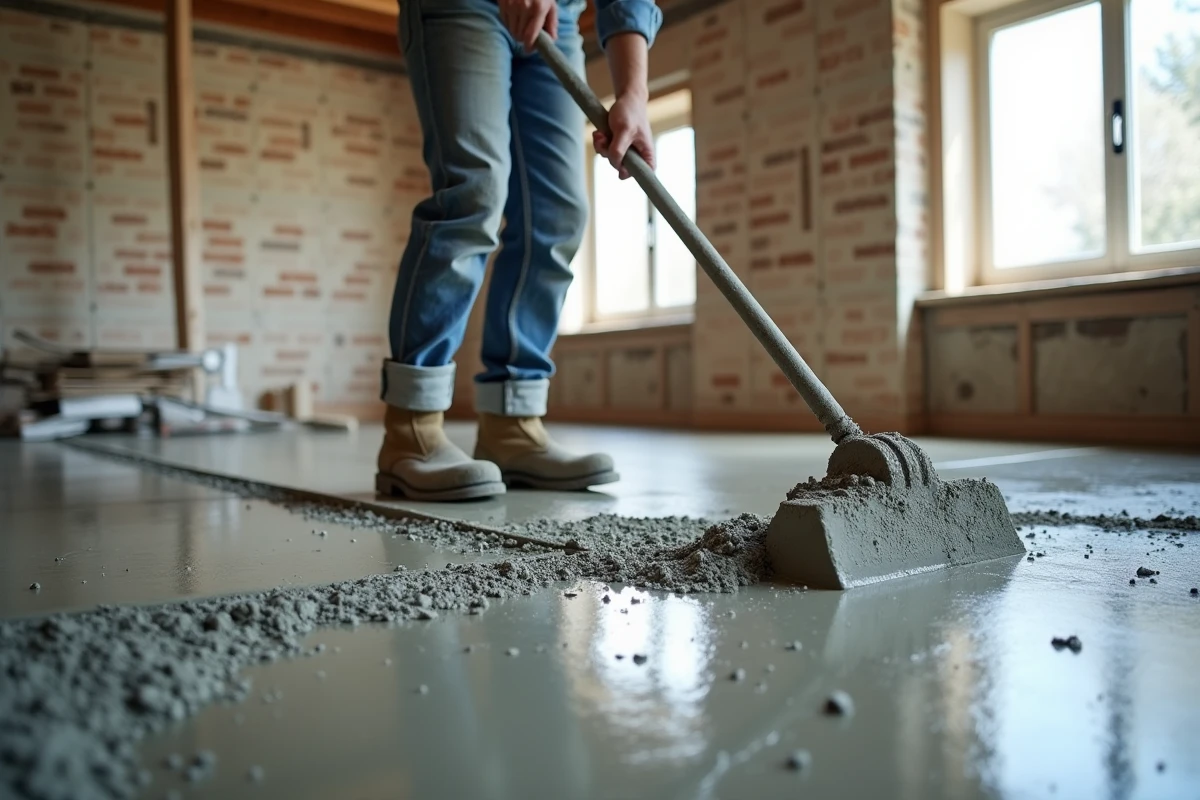 Femme ouvrière étalant une chape béton fraîche de 5 cm avec une règle à tirer dans une pièce en rénovation