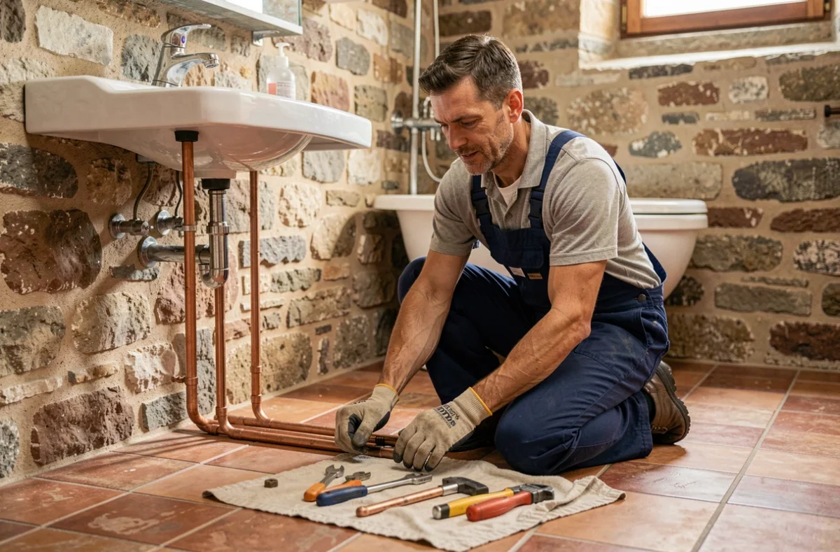 Plombier professionnel en combinaison de travail installant des canalisations en cuivre sous un lavabo dans une maison en pierre à Estancarbon