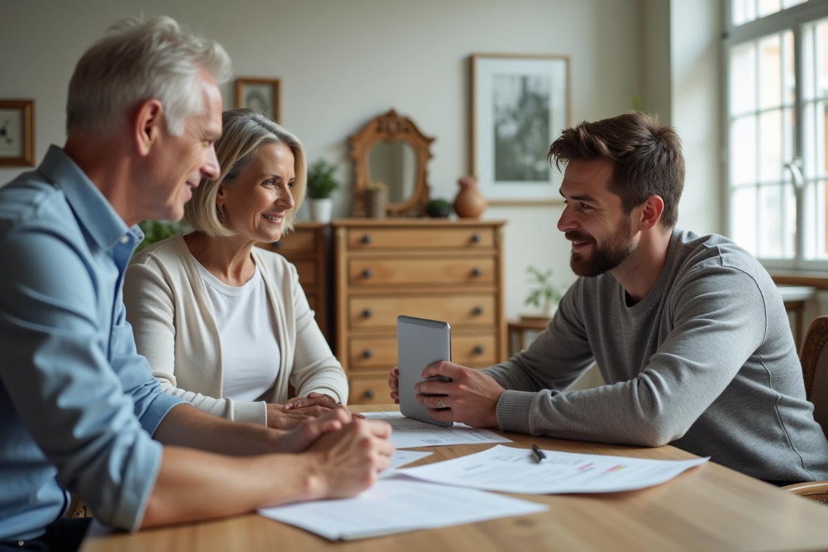 Couple mature consultant un expert en estimation de meubles modernes